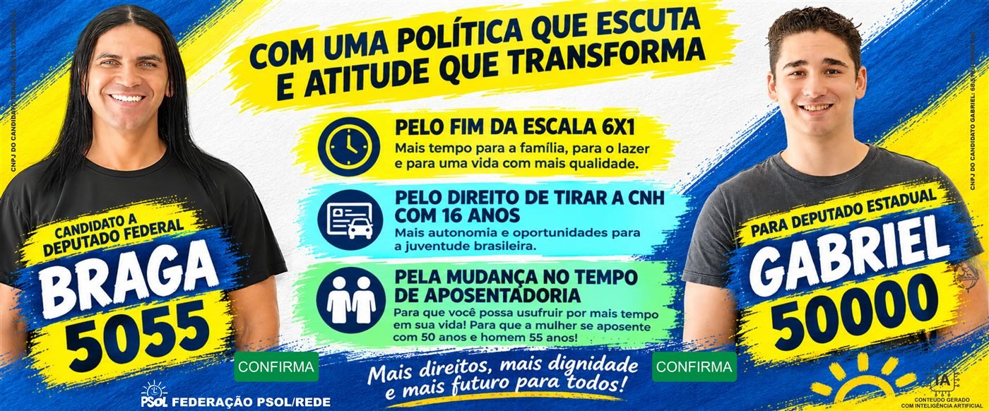 Braga 5055, candidato a Deputado Federal, e Gabriel 50000, candidato a Deputado Estadual: pelo fim da escala 6x1, direito à CNH aos 16 anos e mudança no tempo de aposentadoria